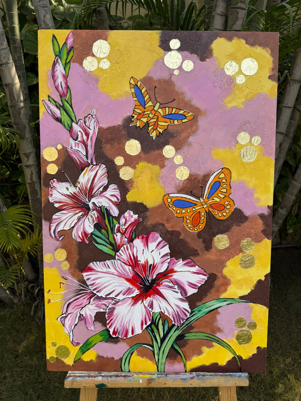 Floral Butterfly painting, Gold foil, Mixed Media on Canvas,36*24