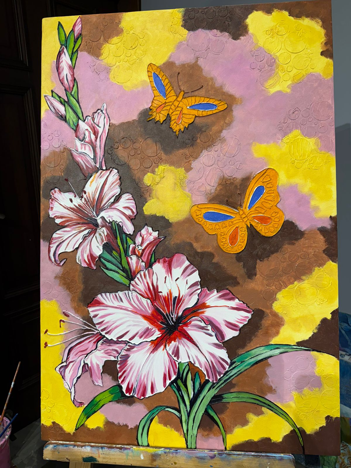Floral Butterfly painting, Gold foil, Mixed Media on Canvas,36*24